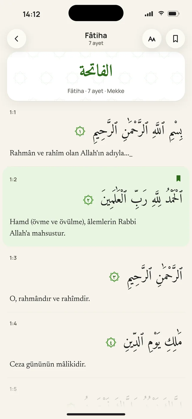 Kur’an okuyucu: Fâtiha suresi Arapçası ve mealiyle
