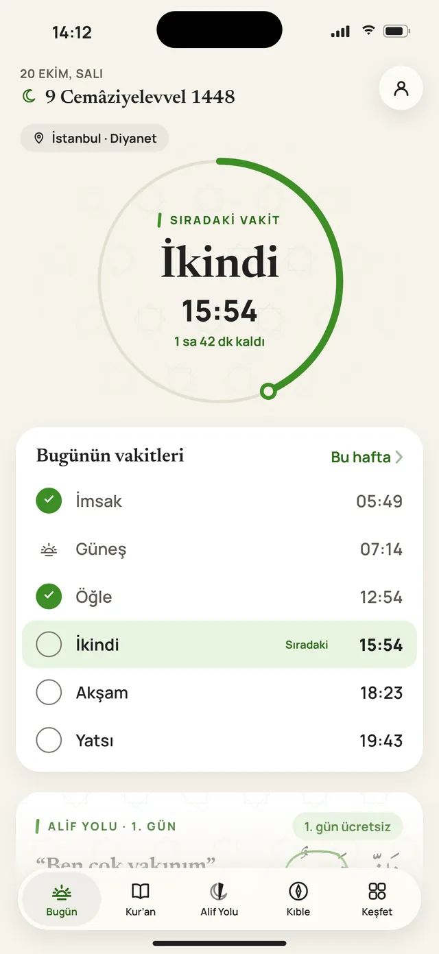 Alif Bugün ekranı: halkada sıradaki vakit ve günün namaz vakitleri