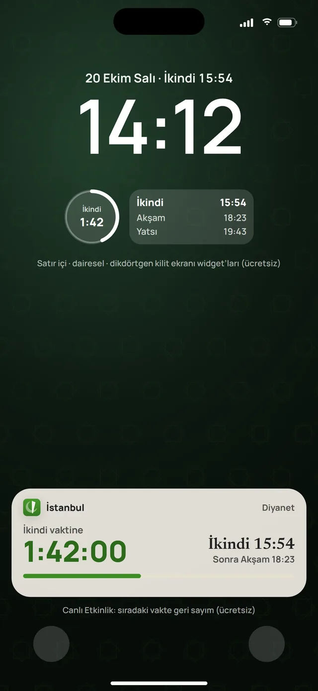 Kilit ekranı widget’larında sıradaki vakit