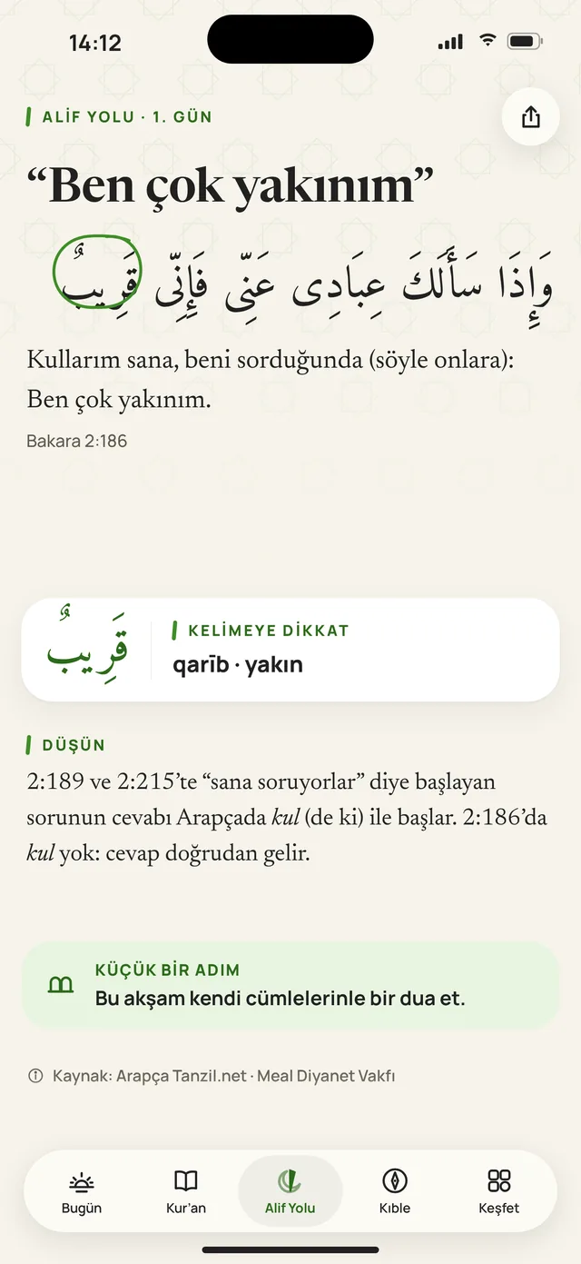 Alif Yolu 1. gün: bir kelimesi halkayla işaretlenmiş ayet